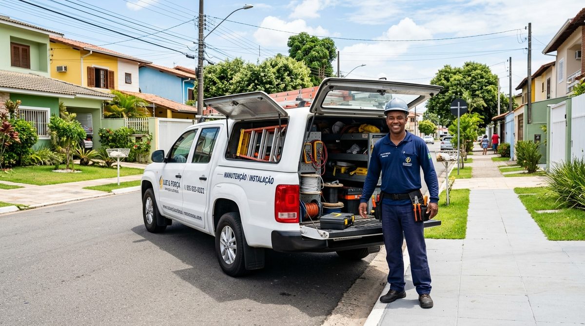 Equipe EletricistaPinda com veículo de atendimento e ferramentas profissionais em Pindamonhangaba